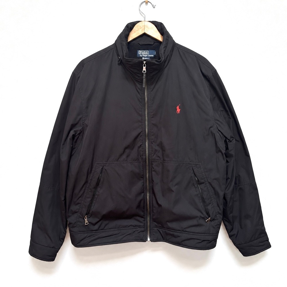 Vintage 90s Polo Ralph Lauren Jacket Mens XL Black Fleece Lined Stowaway Hood